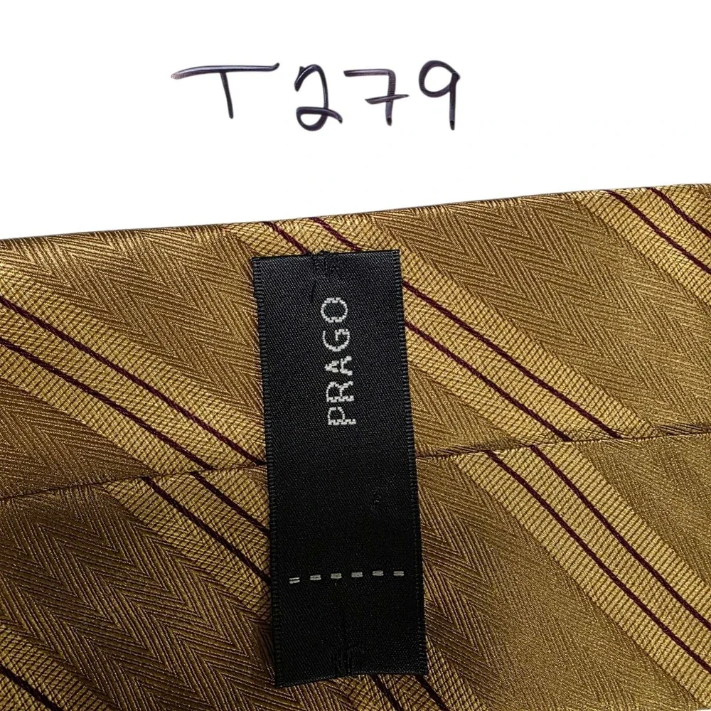 PRAGO Silk Striped Necktie Gold Burgundy Classic Formal Business Luxury Designer